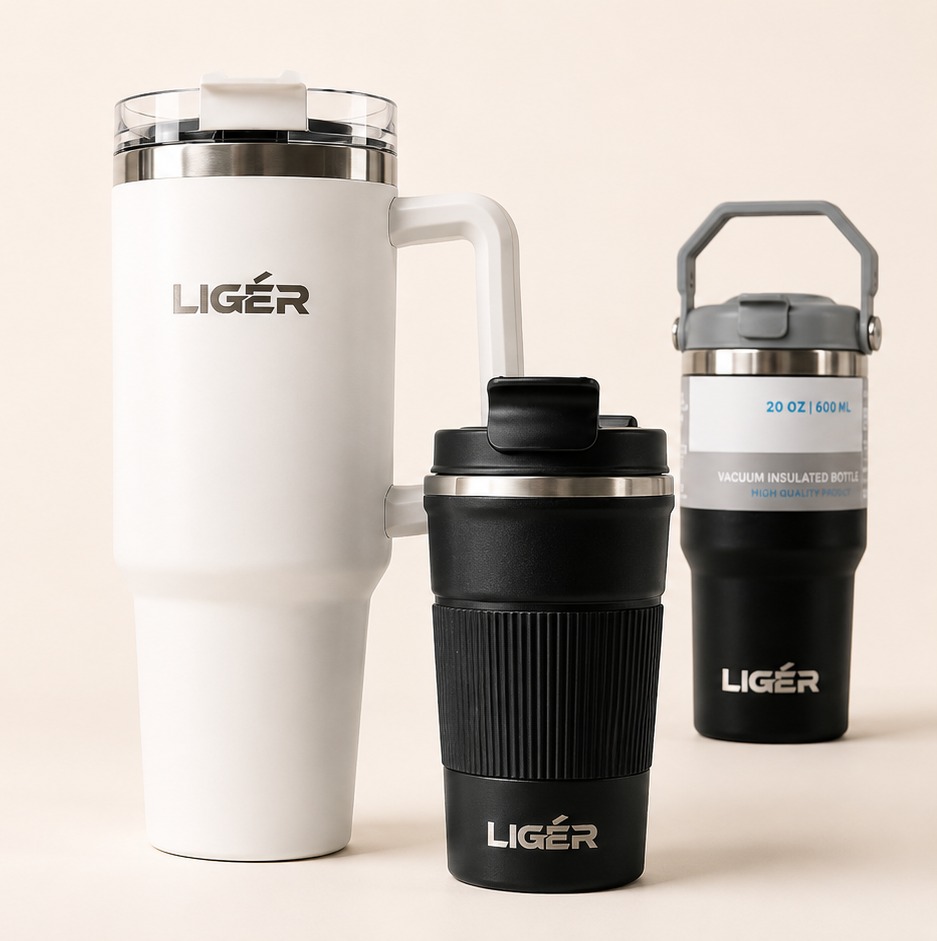 White Ligér handled tumbler, black Ligér travel mug, and black Ligér insulated bottle with handle.